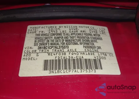 2010 Nissan Versa 1.8S z USA, uszkodzony, nr VIN 3N1BC1CP7AL375373